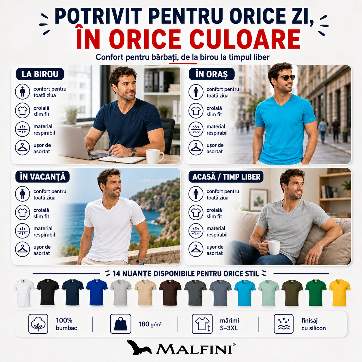 Tricou bărbați Malfini 146 cu guler &icirc;n V, 100% bumbac, slim fit, potrivit pentru birou, oraș, vacanță și timp liber